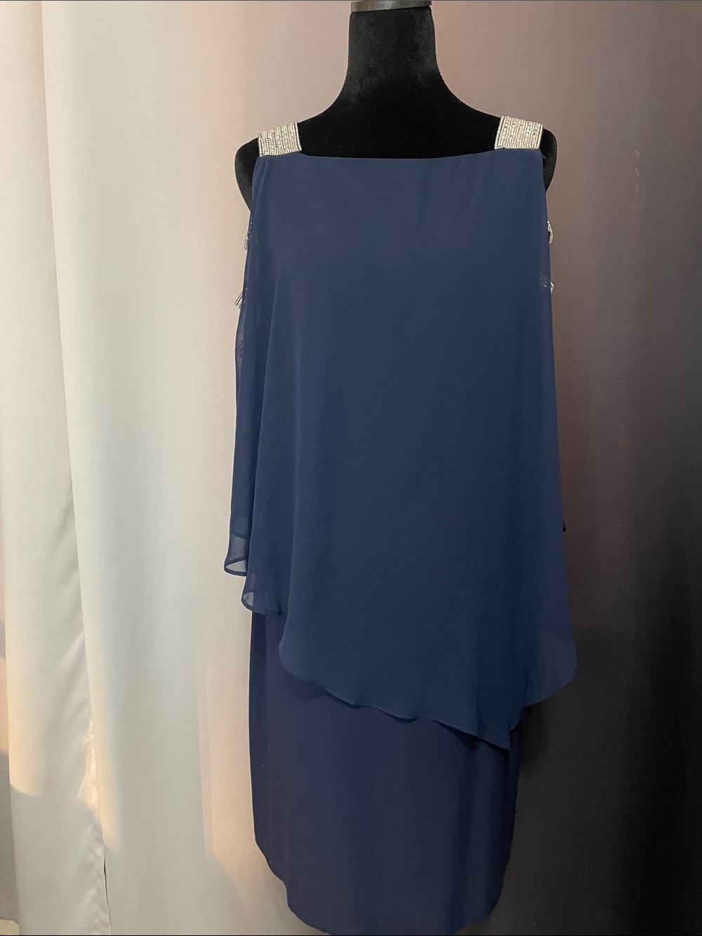 MSK Navy Chiffon Overlay Cocktail Dress with beaded Straps